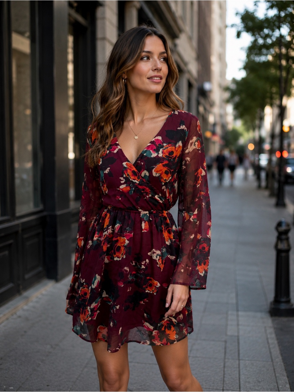 Abercrombie & Fitch Burgundy Floral Long-Sleeve Wrap Dress/ E188